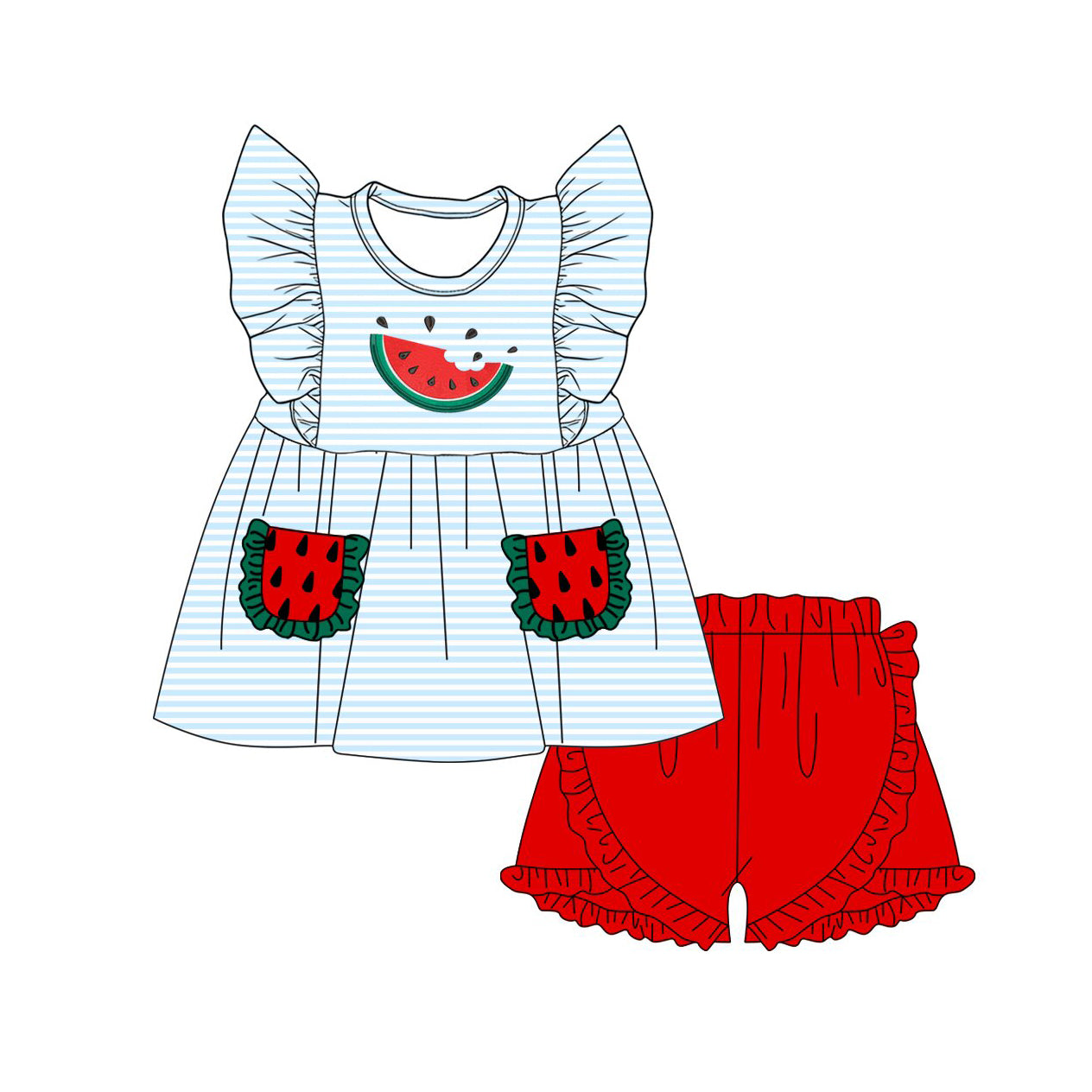 GSSO3636 Preorder Baby Girl Blue Stripe Watermelon Pockets Tunic Ruffle Short Clothes Sets
