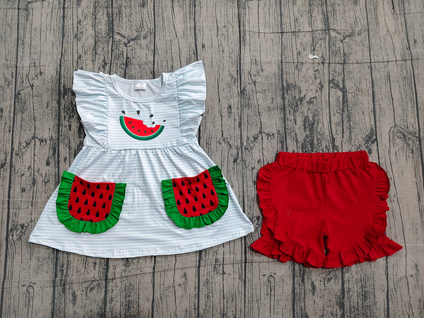 GSSO3636 Preorder Sample Embroidery Watermelon Baby Girls Blue Stripe Pockets Tunic Ruffle Short Clothes Sets