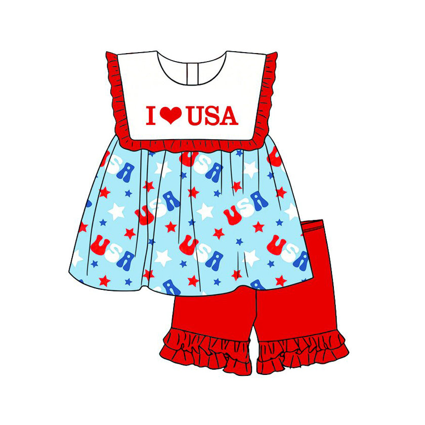 GSSO3637 Preorder Baby Girl I Love USA Stars Tunic Ruffle Short 4th of July Clothes Sets