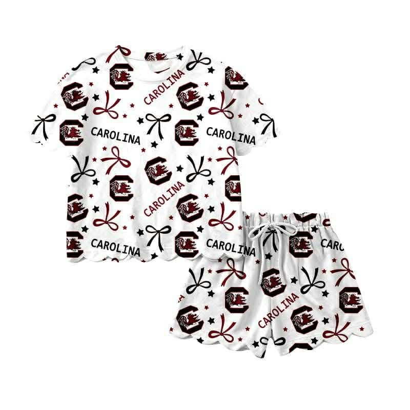 GSSO3641 Preorder Baby Girl Caroltna Bows Top Short Scallop Team Clothes Sets