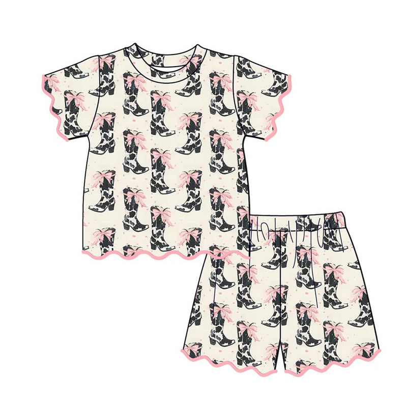 GSSO3644 Preorder Baby Girl Bows Boots Top Short Scallop Western Clothes Sets