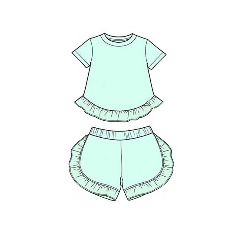 GSSO3655 Preorder Baby Girl Blue Short Sleeve Shirt Top Ruffle Short Clothes Set