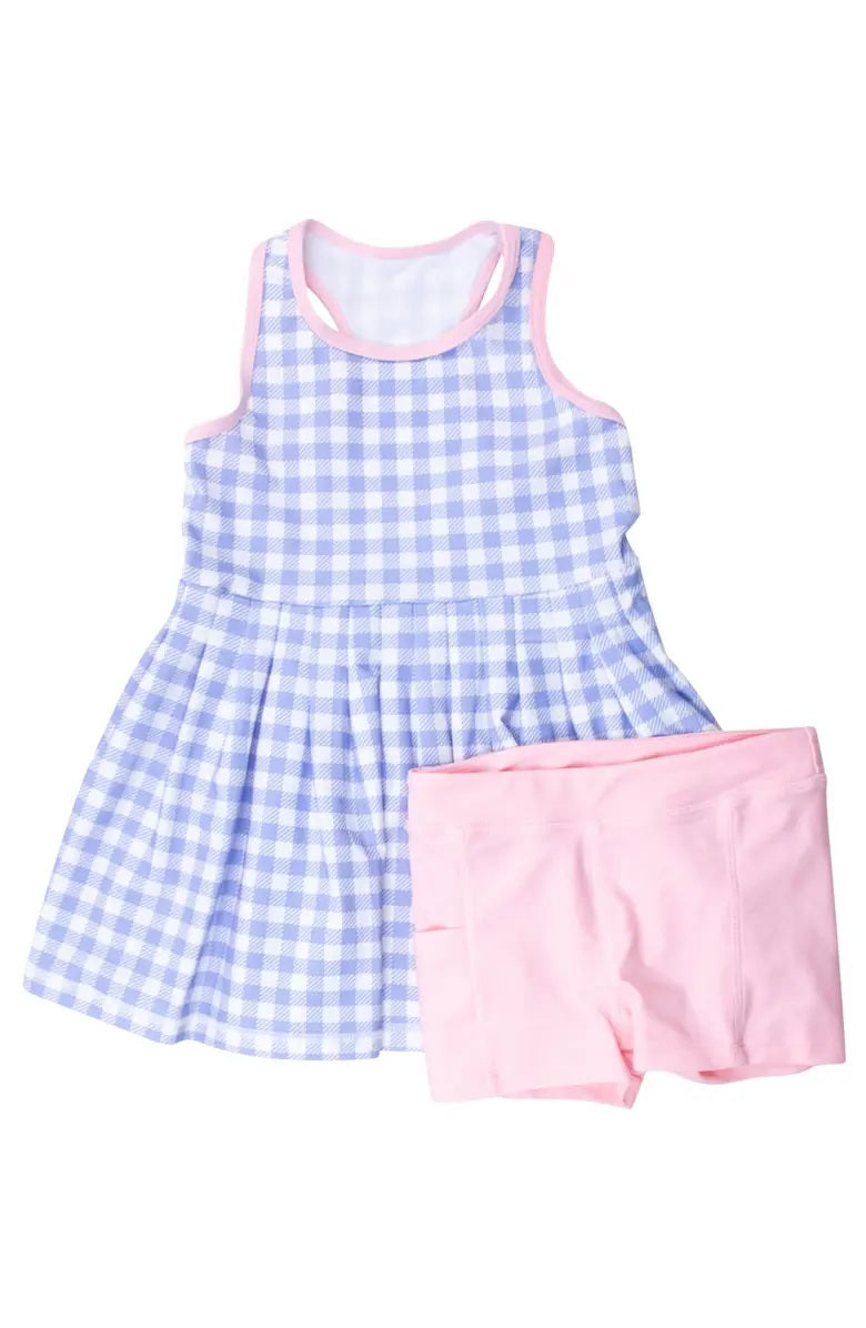 GSSO3658 Preorder Baby Girl Blue Checked Tunic Short Yoga Active Clothes Sets