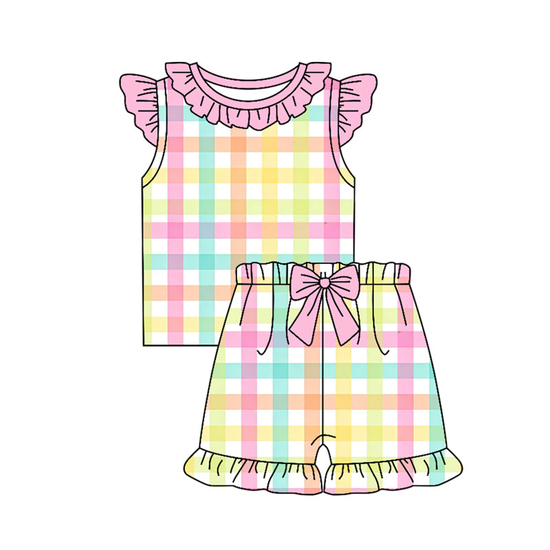 GSSO3660 Preorder Baby Girls Flutter Sleeve Colorful Checked Shirt Top Ruffle Short Clothes Set
