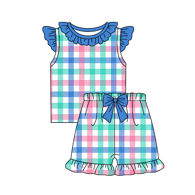 GSSO3662 Preorder Baby Girls Flutter Sleeve Colorful Checked Shirt Top Ruffle Short Clothes Set