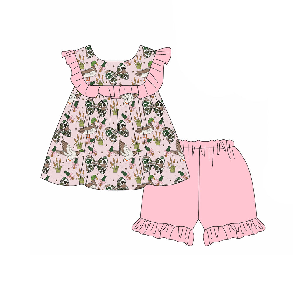 GSSO3667 Preorder Baby Girls Sleeveless Camo Bows Ducks Tunic Ruffle Short Hunting Clothes Set