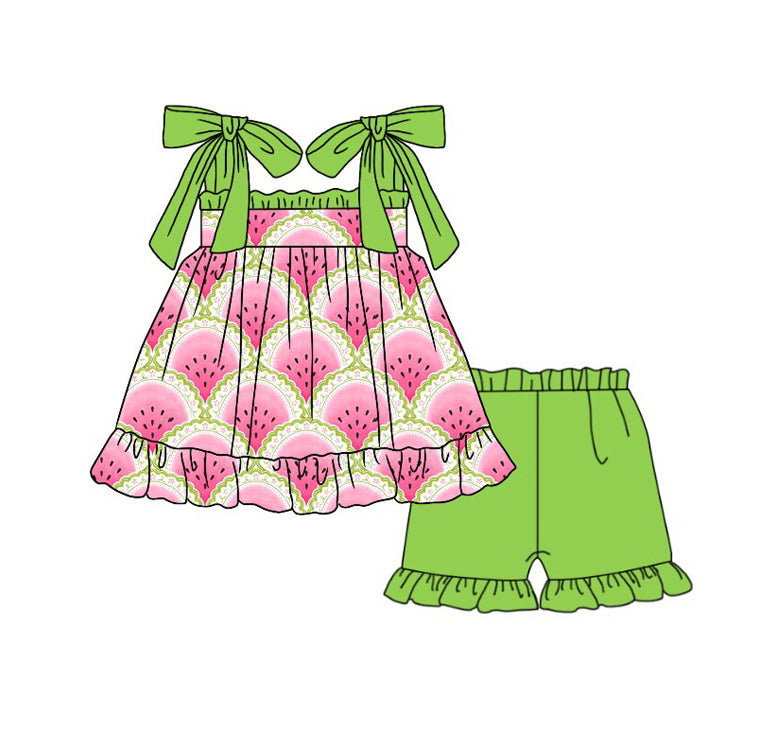 GSSO3672 Preorder Baby Girls Strap Watermelons Checked Tunic Ruffle Short Clothes Set