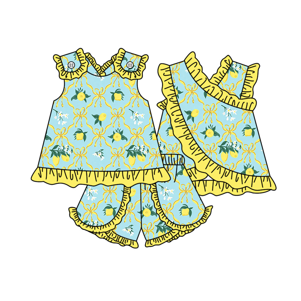 GSSO3677 Preorder Baby Girls Sleeveless Lemons Bows Checked Tunic Ruffle Short Clothes Set