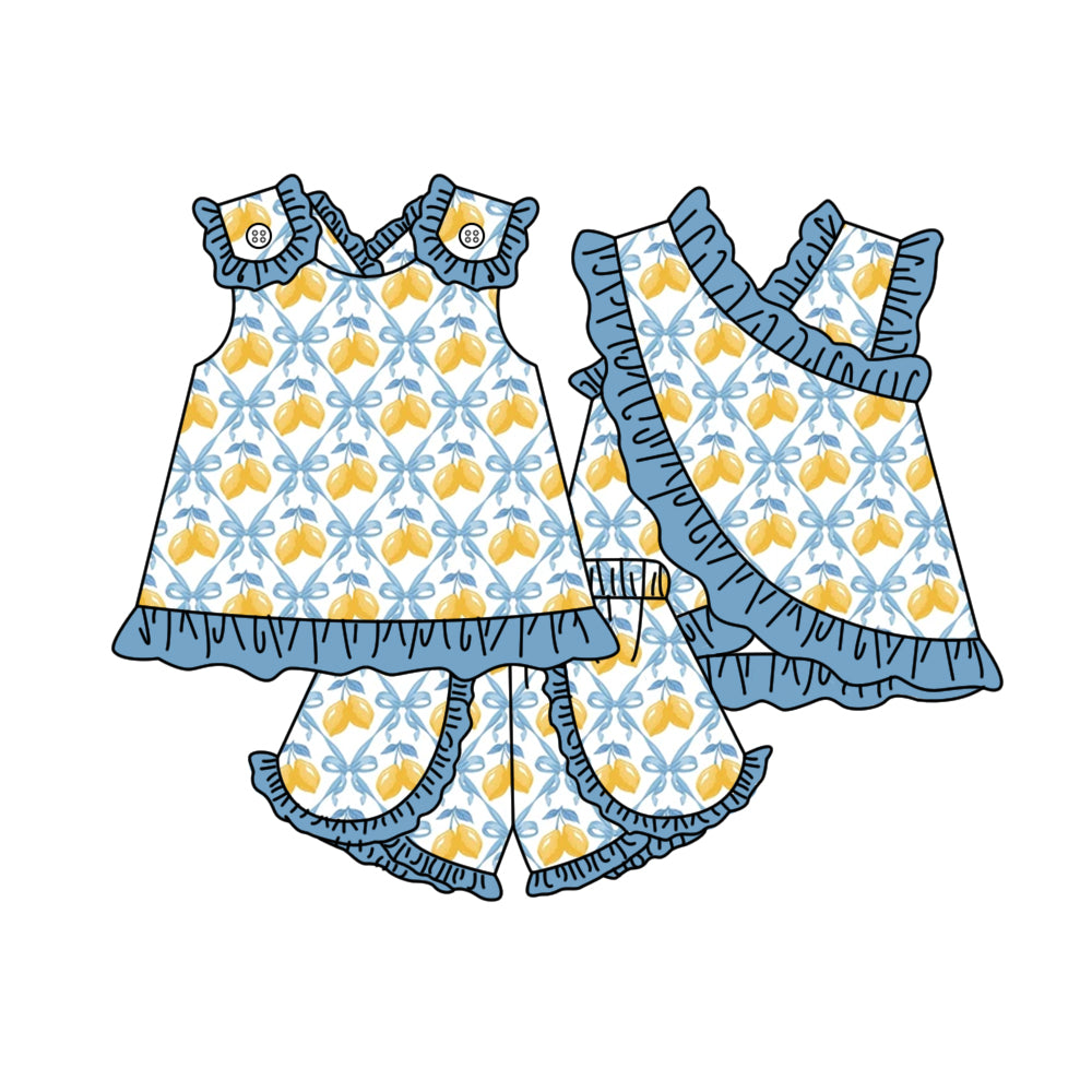 GSSO3679 Preorder Baby Girls Sleeveless Lemons Bows Checked Tunic Ruffle Short Clothes Set