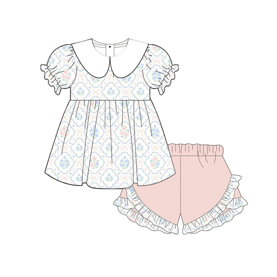 GSSO3687 Preorder Baby Girls Bows Flowers Checked Collar Tunic Ruffle Short Clothes Set