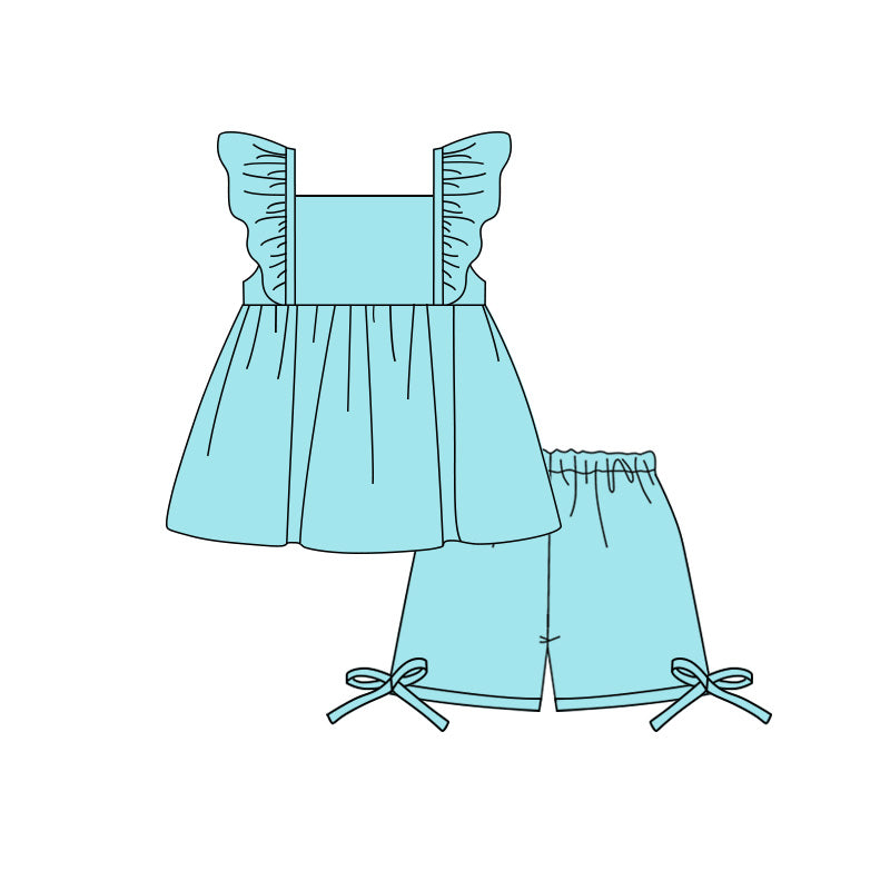 GSSO3691 Preorder Baby Girls Aqua Flutter Sleeve Tunic Short Clothes Set