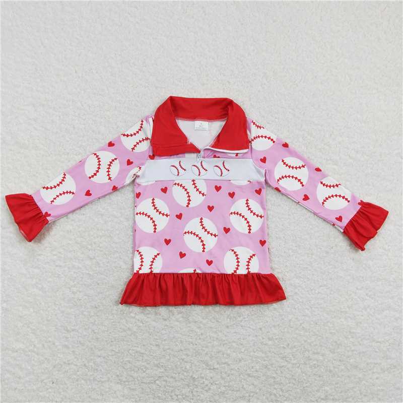 GT0429 Baby Girl Pink Baseball Zip Long Sleeve Pullovers Tops
