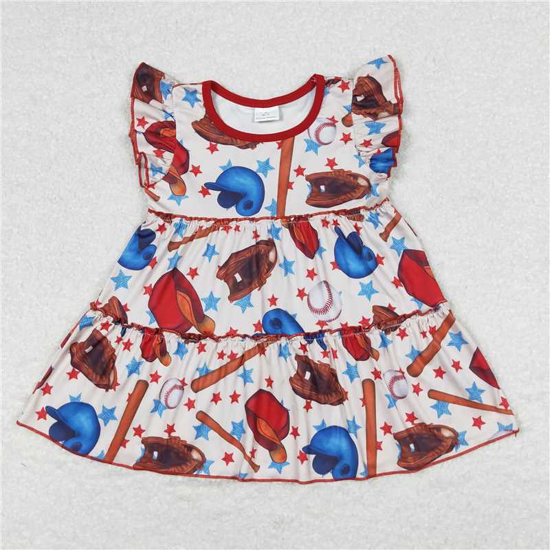 GT0493 Baby Girl Baseball Stars Flutter Sleeve Tunic Tops