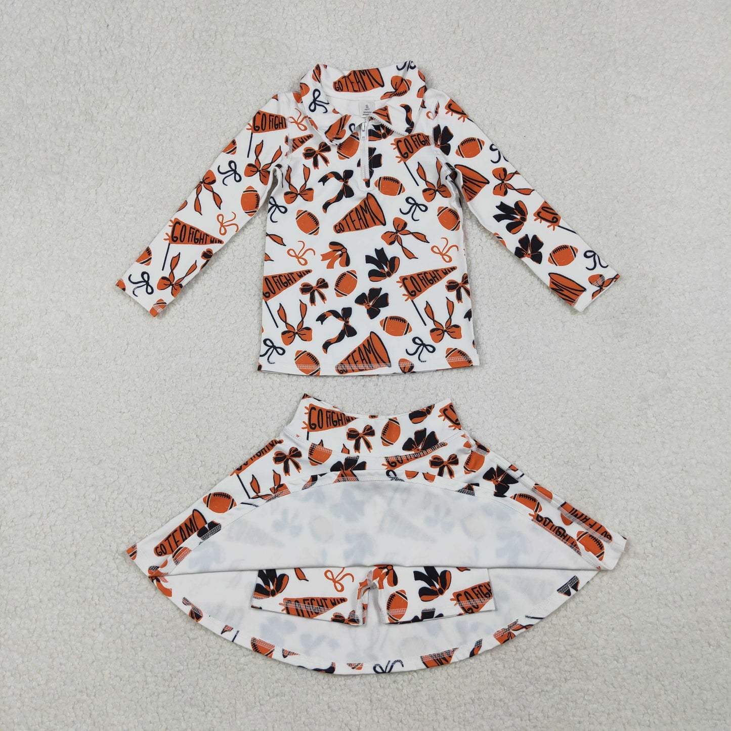 RTS NO MOQ(In Stock) Baby Girls Hot orange Bows Go Team zipper long sleeve top Yoga skirts Set-GLD1285