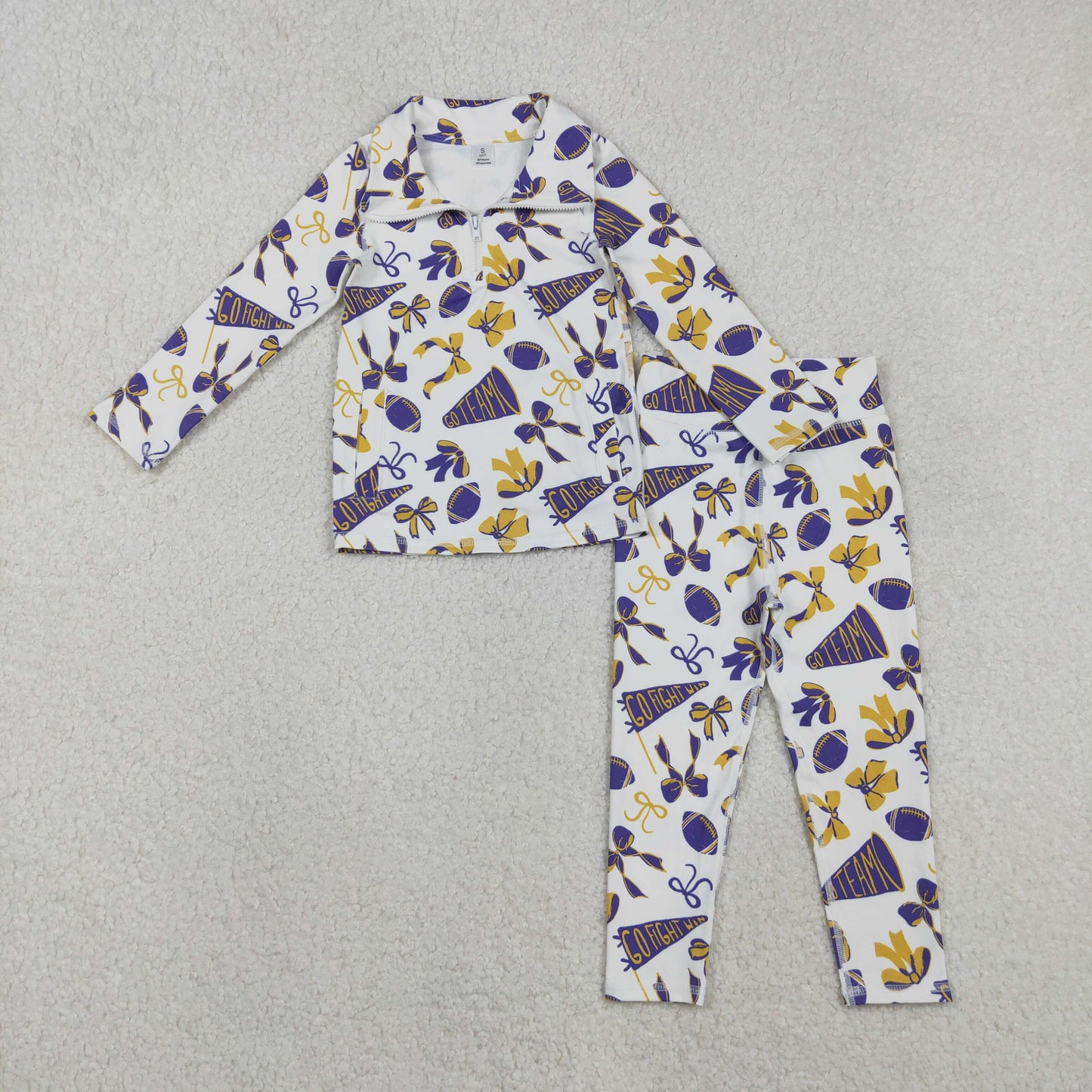RTS NO MOQ(In Stock) Baby Girls Hot purple Bows Go Team zipper long sleeve top Yoga pants Set