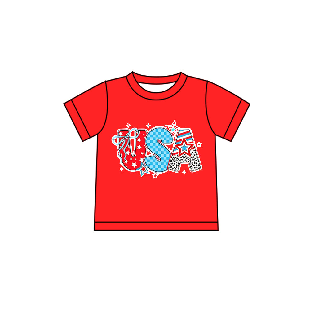 Pre-order Baby Girl Red Short Sleeve USA Bows July 4th T-shirts Top GT1592