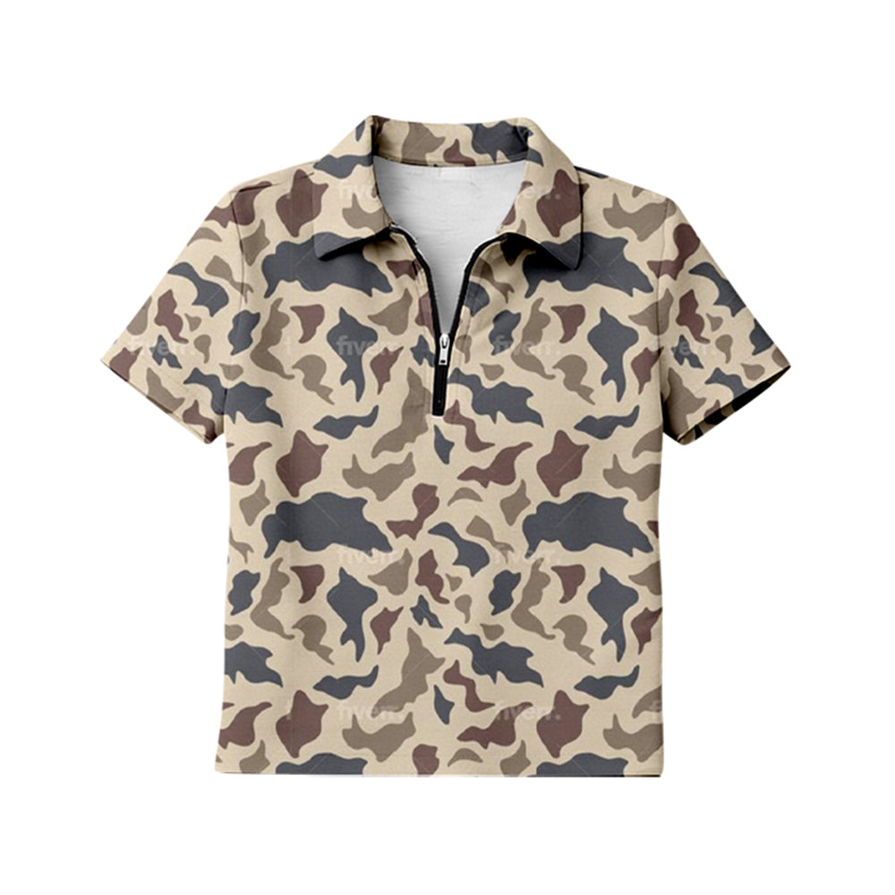 GT1598 Preorder Adult Women Girl Southern Khaki Camo Short Sleeve Zipper Pullovers Top