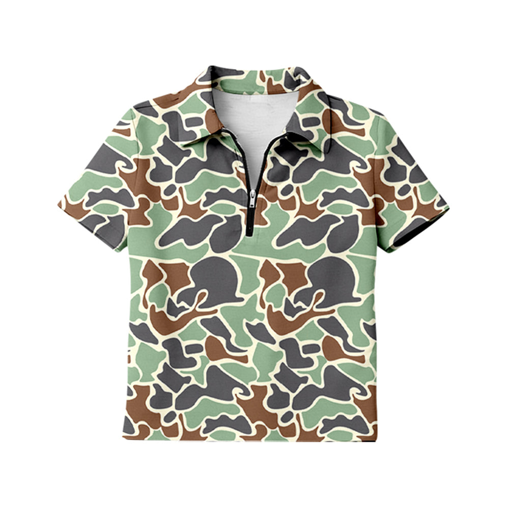 GT1603 Preorder Adult Women Girl Southern Green Camo Short Sleeve Zipper Pullovers Top