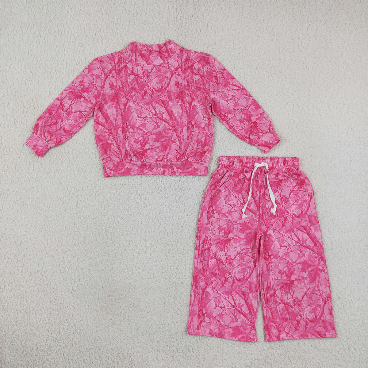 GLP3650 Kids Clothing Baby Girls Pink Leaves Camo Choker Top Pockets Flare Pant Clothes Set