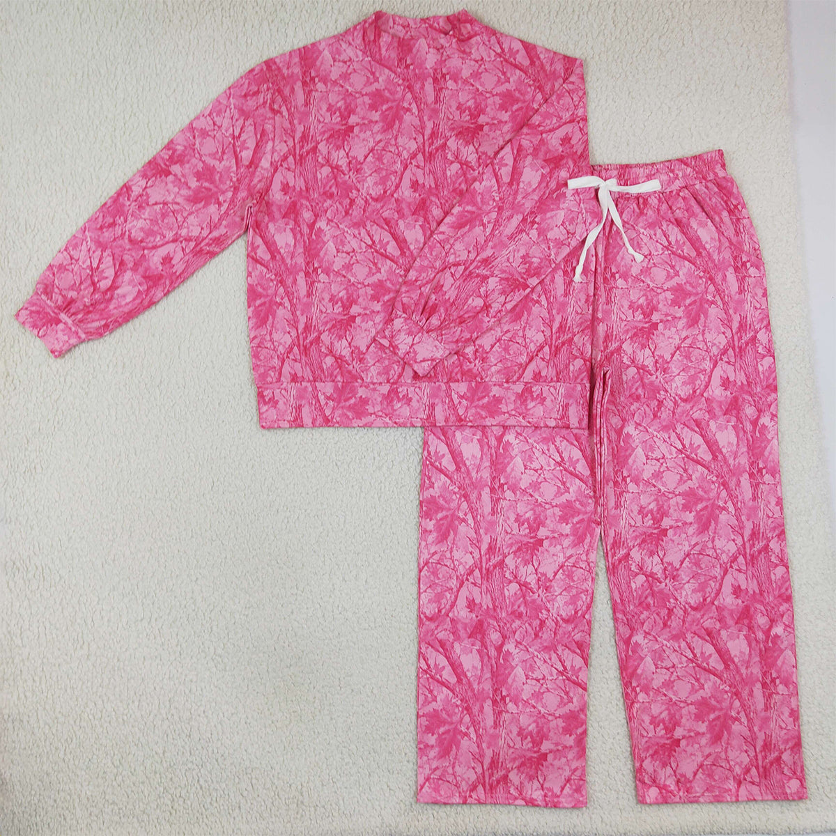 GLP3651 Adult Women Girls Pink Leaves Camo Top Pockets Flare Pants Clothes Sets