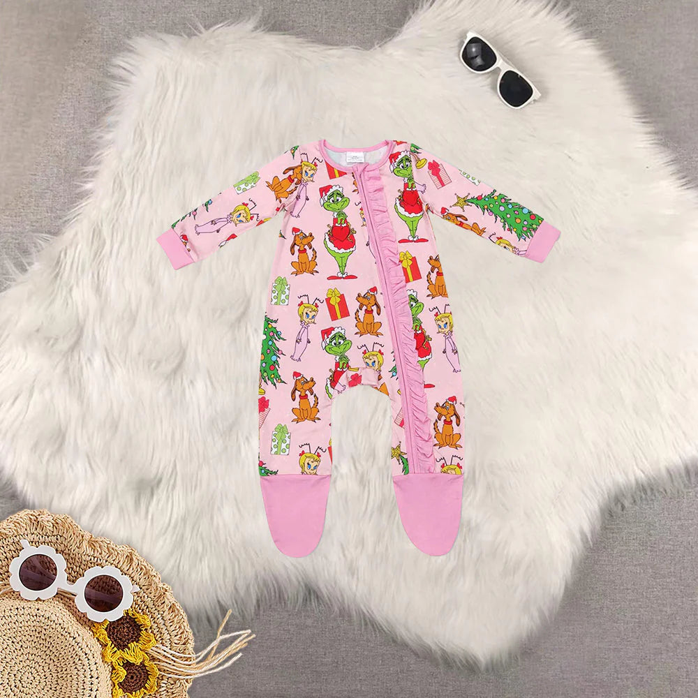 Sibling Baby Kids Girls Christmas Pink Frog Top Bell Bottom Pant Set Zipper Romper