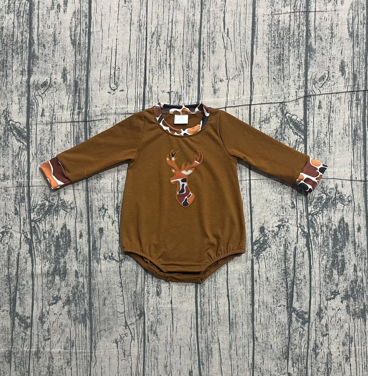 LR2260 Baby Kids Brown Long Sleeves embroidery Camo Deer Western Rompers Preorder-26.1.7