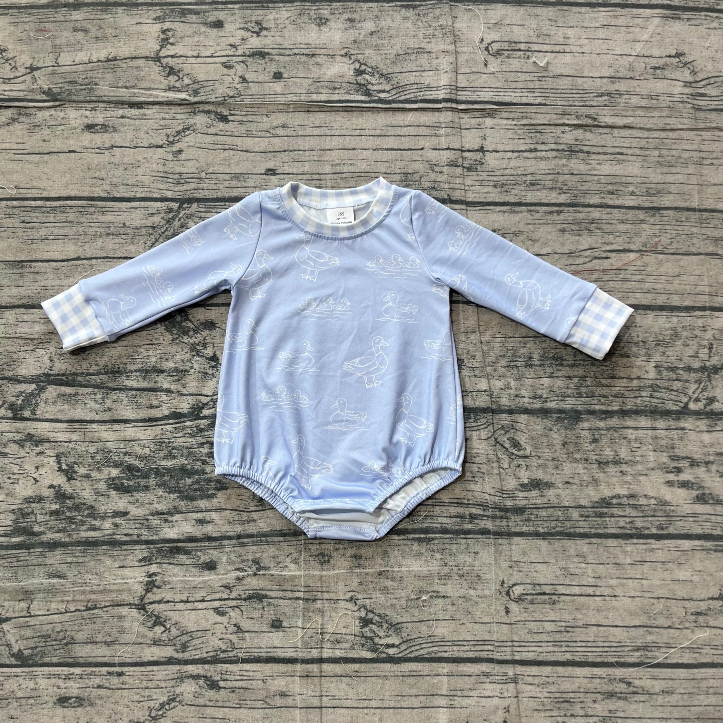 LR2969 Preorder Sample Baby Boy Blue Long Sleeve Ducks Hunting Rompers