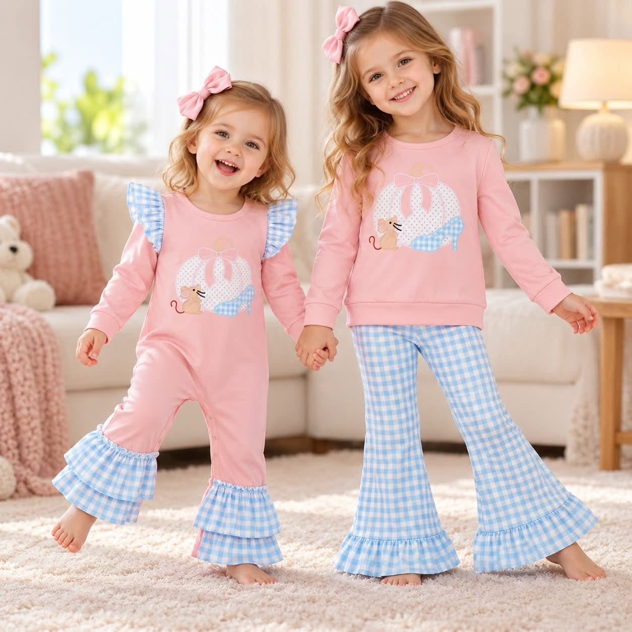 Sibling Baby Girls Long Sleeve Mouses Pumpkins Ruffle Flare Clothes Set Pant Rompers