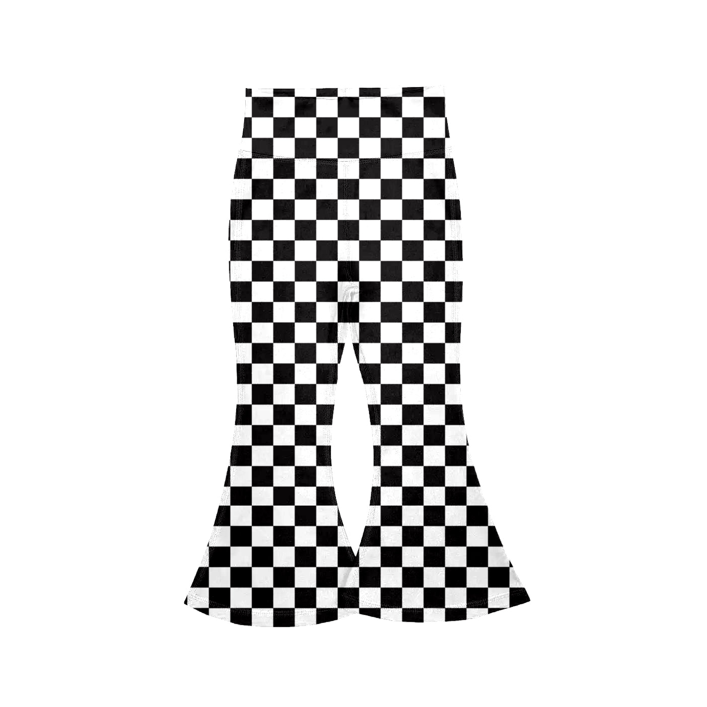 P1023 Preorder Baby Girl Black Checked Yoga Active Bell Bottom Pants