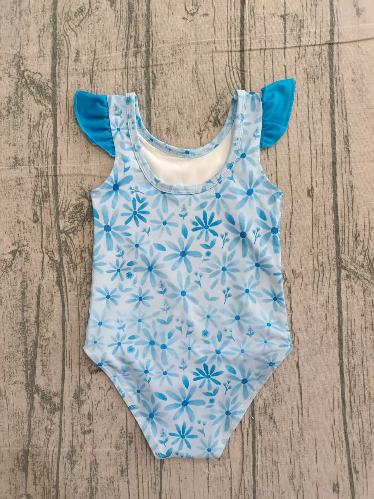 S0515 Preorder IRL Baby Girl Blue Flowers One Piece Swimsuits