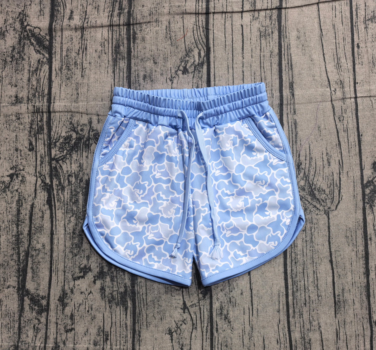 S0582 Preorder Sample Baby Boy Blue Whales Camo Pockets Swimming Trunks