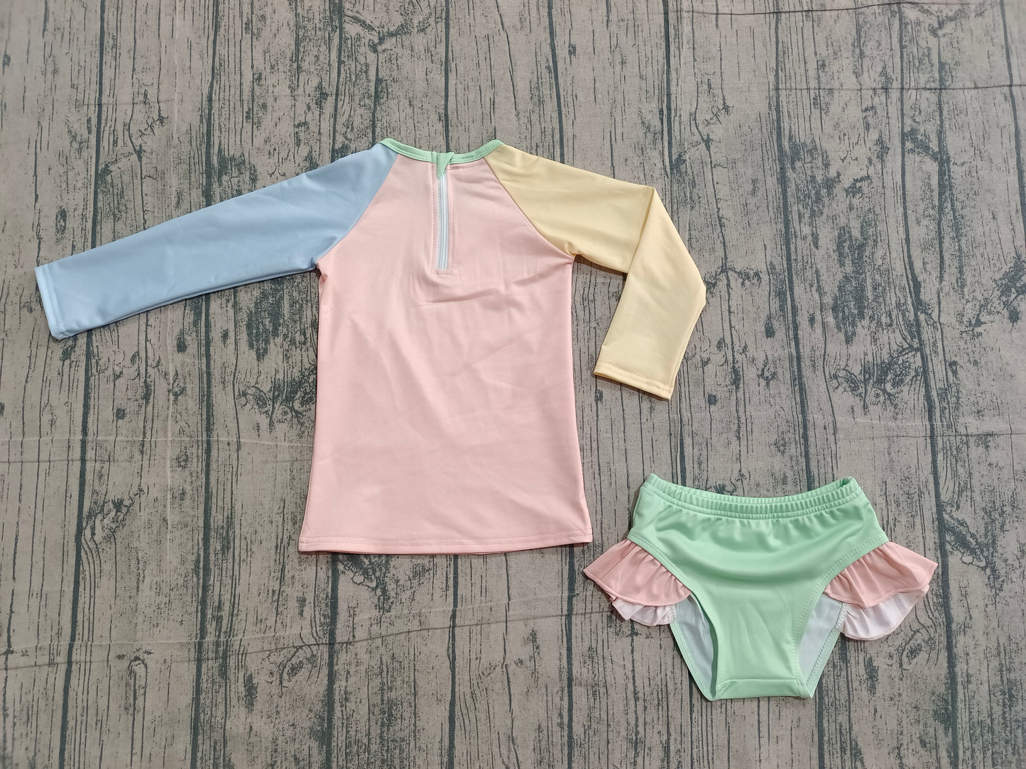 Pre-order no moq Baby Girl Yellow Aqua Blue Zipper Top Bummies 2 Piece Swimsuits Clothes Sets S0637