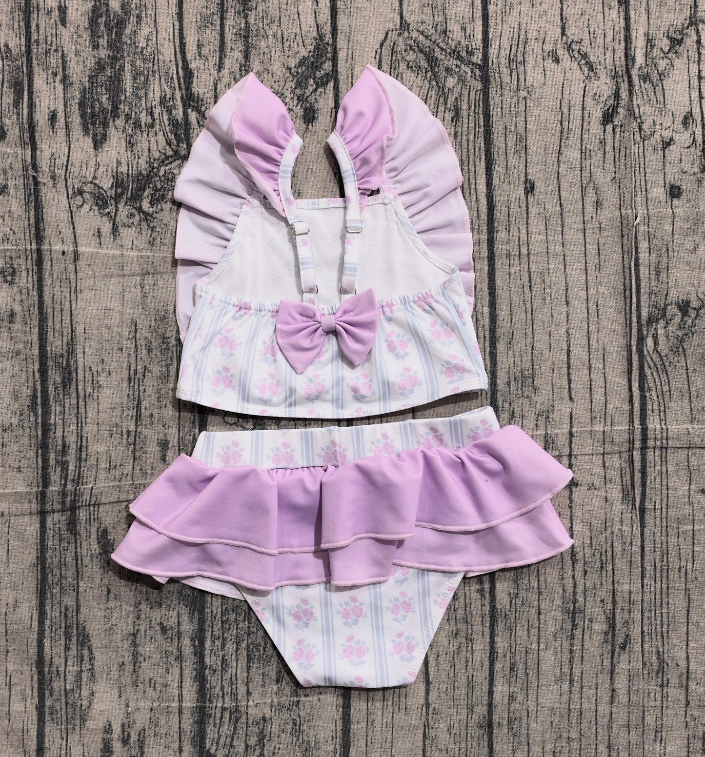 S0644 Preorder IRL Baby Girl Flowers Stripe Back Bows Top Bummies 2 Piece Swimsuits