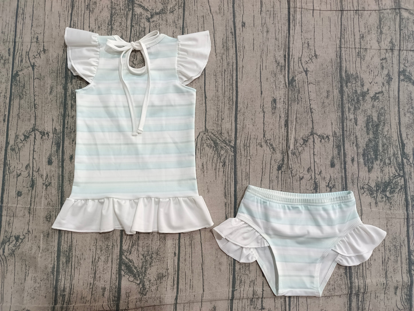 Pre-order Baby Girl Aqua Stripe Ruffle Top Bummies 2 Pieces Swimsuits Set S0652