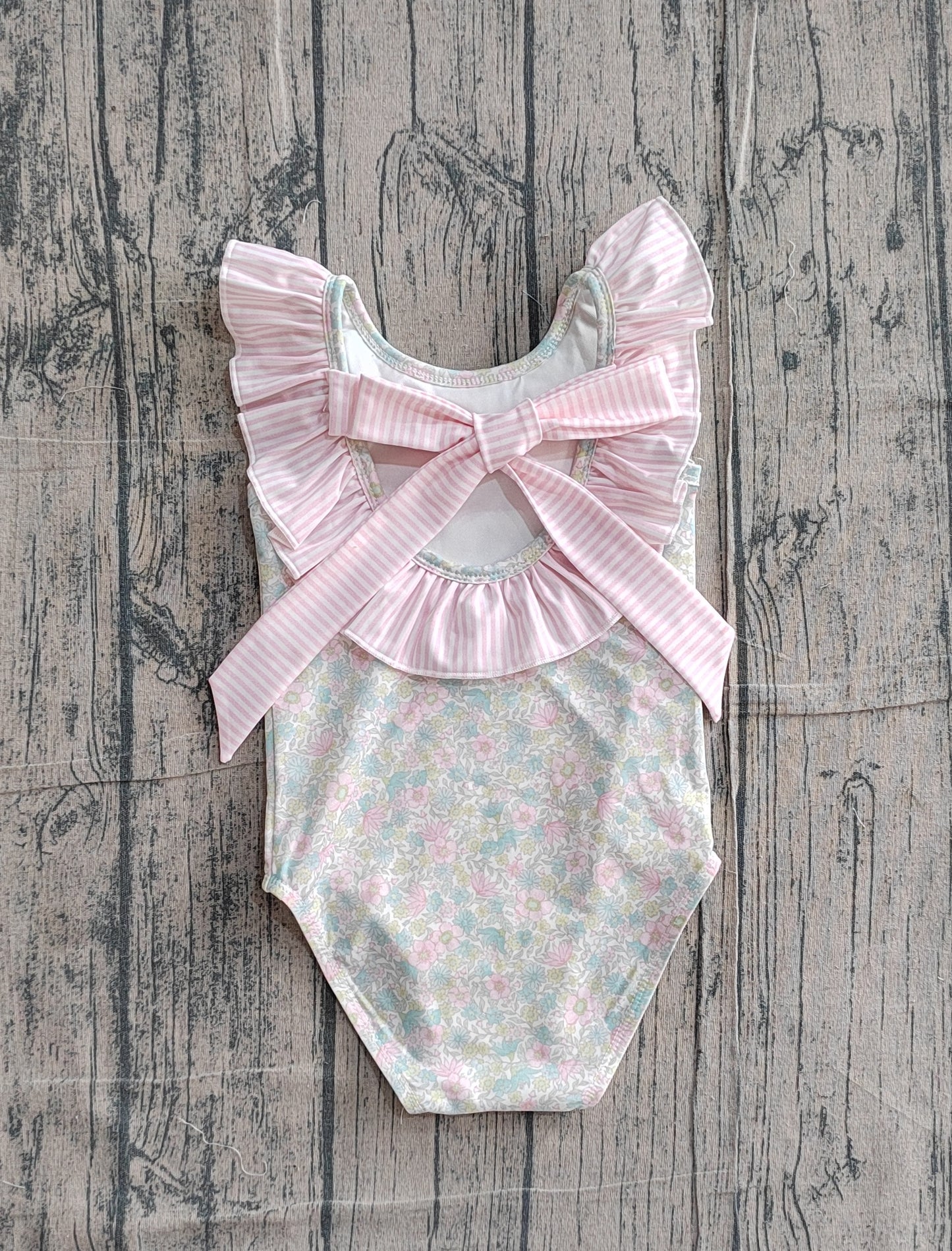 S0732 Preorder Sample Baby Girl Stripe Bow Flutter Sleeve Colorful Flowers Swimming Swimsuits
