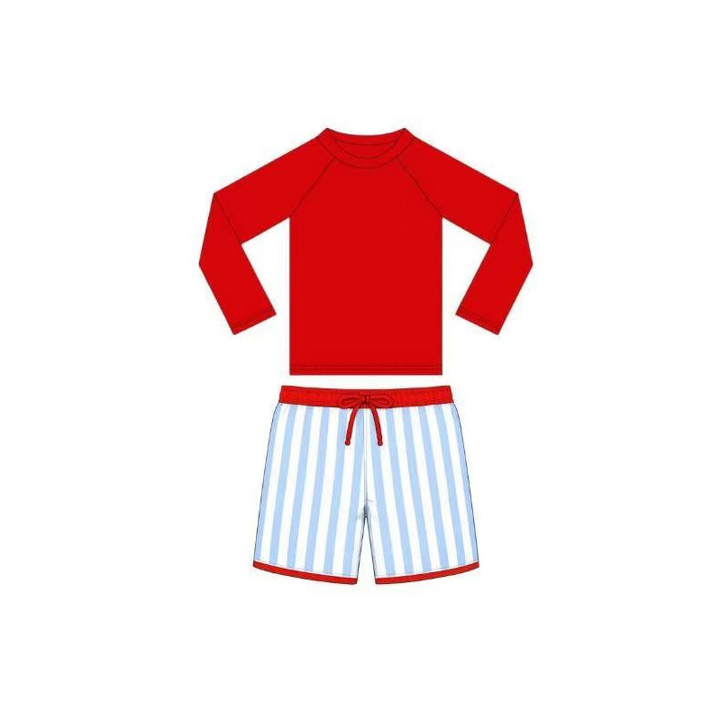 S0734 Preorder Baby Boy Red Long Sleeve Top Stripe Short 4th of July Swimming Clothes Sets