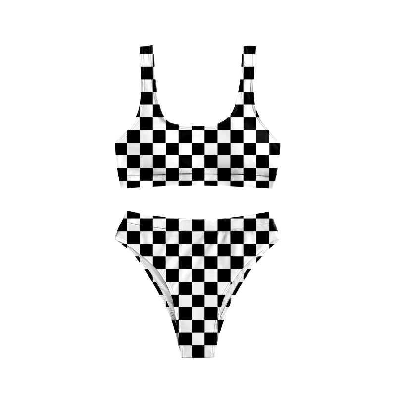 S0738 Preorder Adult Women Black Checkered Top Bottom Swimsuits Sets