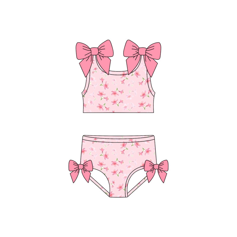 S0739 Preorder Baby Girls Pink Bows Sleeveless Flowers Top Bummies Swimsuits