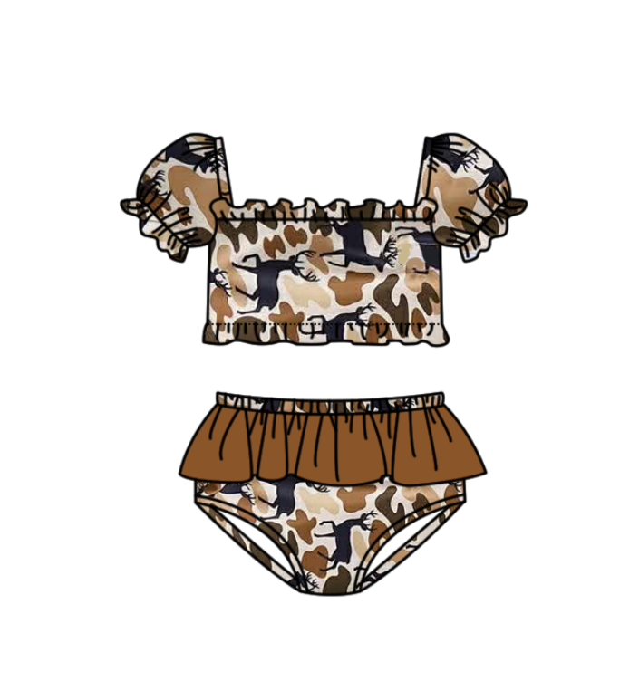 S0747 Preorder Baby Girl Southern Brown Camo Deer Top Bummies Hunting Swimsuits