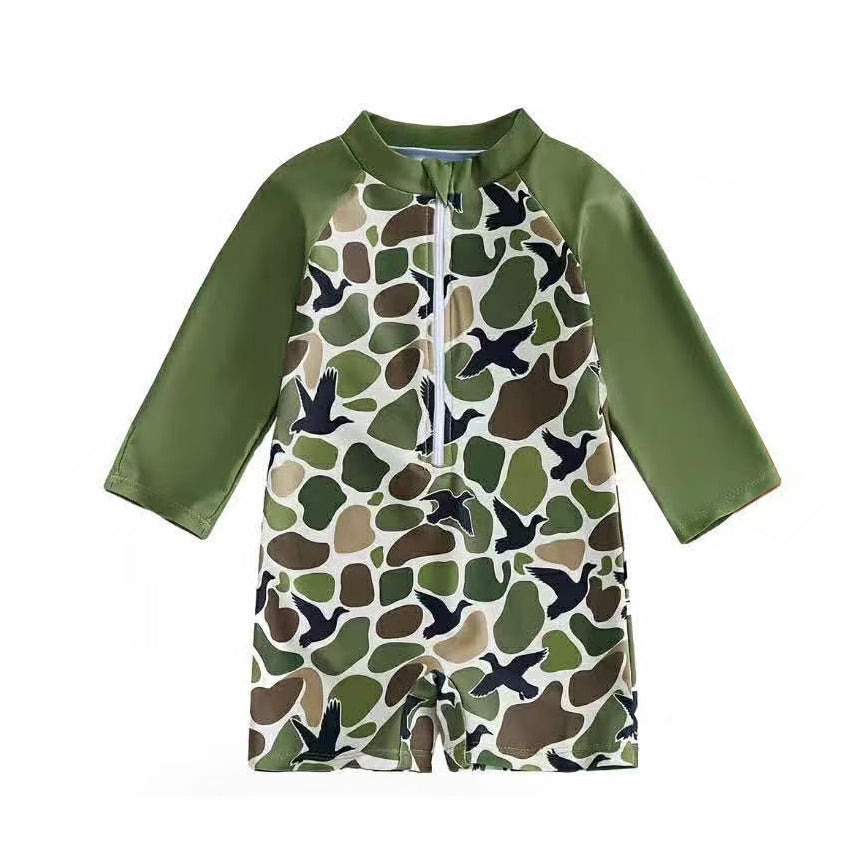 S0748 Preorder Baby Boy Southern Green Camo Ducks Hunting Swimsuits
