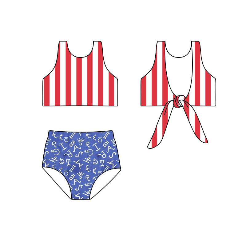 S0751 Preorder Baby Girl Strap Letters Stripe Vests Top Bummies 4th of July Swimsuits