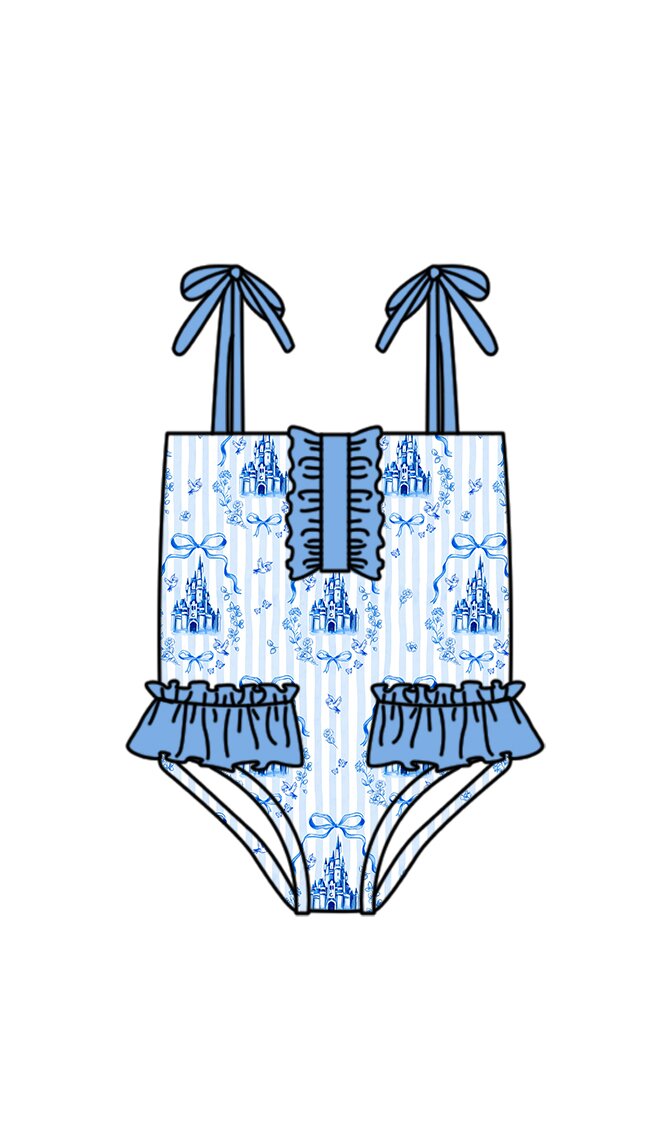 S0753 Preorder Baby Girl Strap Blue Stripe Bows Castles Swimsuits