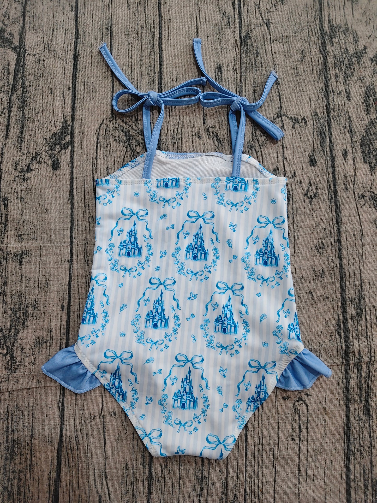 S0753 Preorder Sample Baby Girls Strap Blue Stripe Bows Castles Swimsuits
