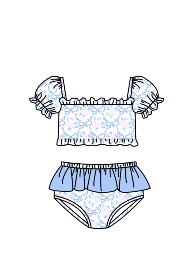 S0757 Preorder Baby Girl Blue Bows Flowers Checked Top Bummies Swimsuits