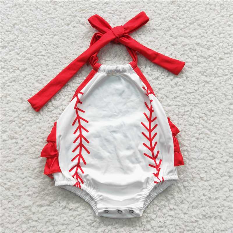 SR0327 Baby Girl Baseball Halter Summer Bubble Rompers