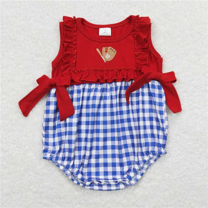 SR0615 Baby Infant Girl Baseball Red Blue Bows Rompers