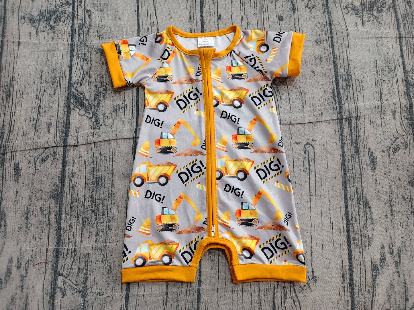 SR0844 Preorder Sample Baby Boys Digger Summer Short Sleeve Zip Rompers