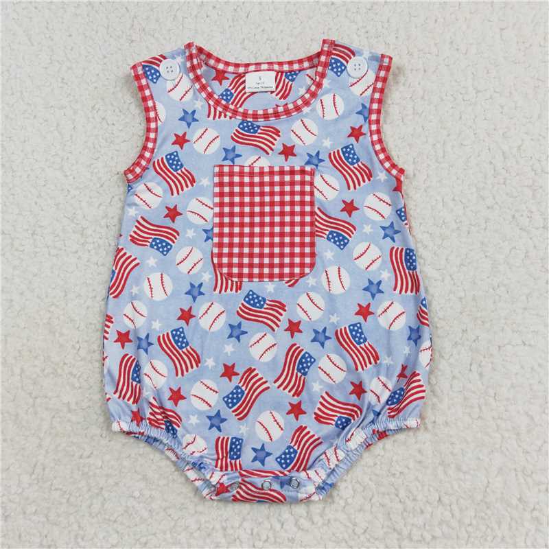 SR1563 Baby Boy Baseball Flags 4th Of July Summer Rompers