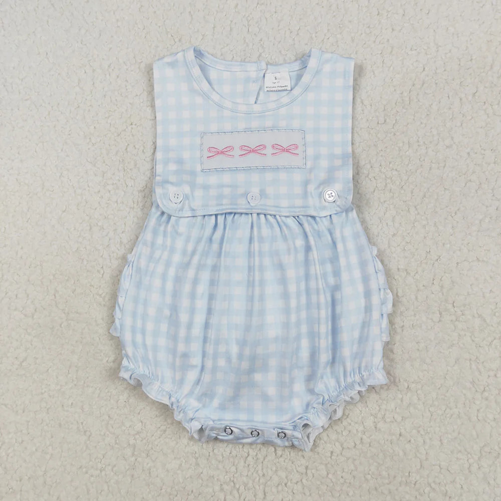 SR2203 Newborn Baby Infant Girls Blue Checkered Bows Sleeveless Rompers