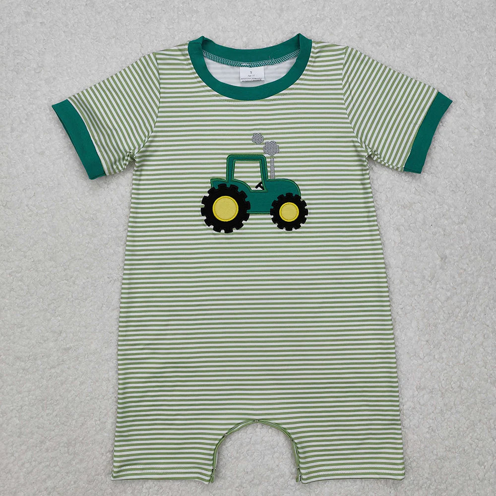SR2431 Newborn Baby Infant Boys Green Tractor Farm Rompers